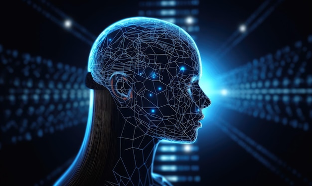 Female android with a human face and robotic body Creating using generative AI tools