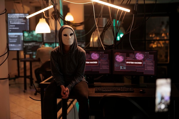 Female anonymous spy hacking server password, breaking into computer system late at night. Hacker asking for ransom and broadcasting live video, attacking database with encryption.