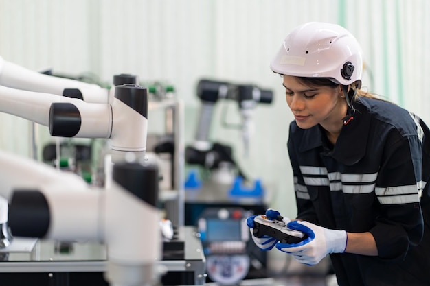 Female Engineer check and control automation robot arms machine in intelligent factory industrial on real time monitoring system software robotics and digital manufacturing operation