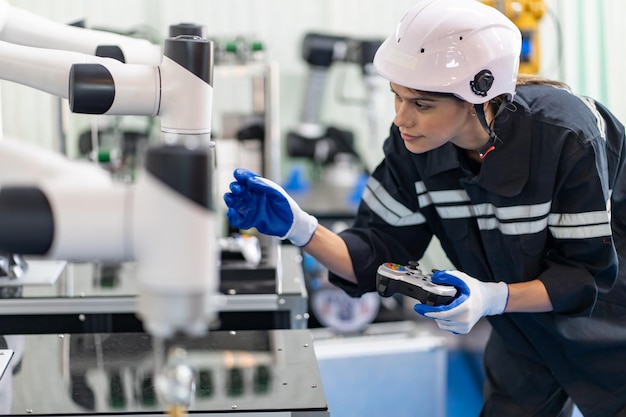 Female Engineer check and control automation robot arms machine in intelligent factory industrial on real time monitoring system software robotics and digital manufacturing operation