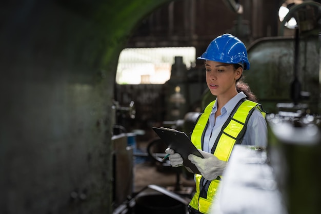Female engineer with clipboard checking and repairing machine at heavy metal factory