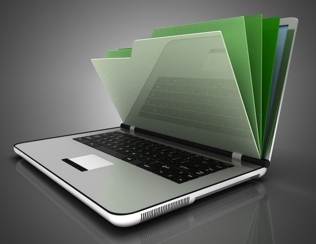 File in database - laptop and folders.3d illustration
