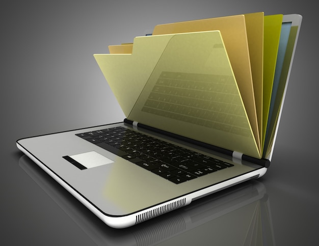 File in database - laptop and folders.3d illustration