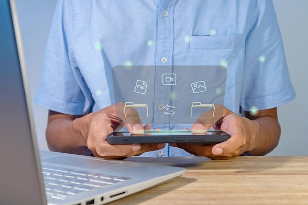 File transfer between mobile phone and laptop Copy file and media or exchange data on virtual screen