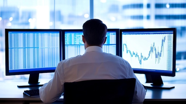 Financial analyst working late focused on multiple monitors displaying stock charts and data in mode