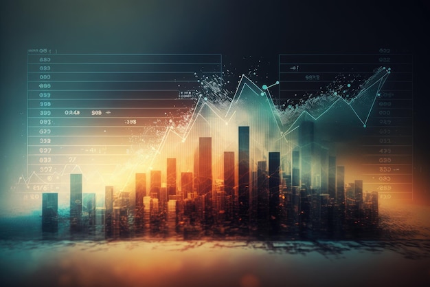 Financial chart technical screen double exposure investment market in digital rendering