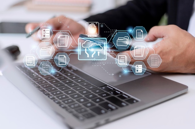 Fingerprint scanning and biometric authentication system for document management DMS software that automates the archiving and management of data files concept of Internet technology