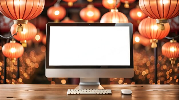 Flat Desktop on Holographic Background with Lanterns concept as A desktop computer with a white scre