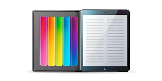 flat e reader with holographic bookmarks and copy space concept as an e reader displaying floating h