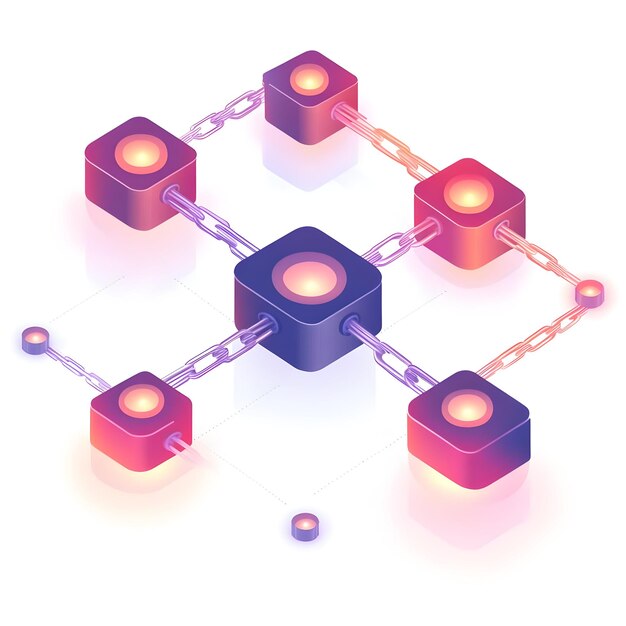 Flat Glowing blockchain nodes with digital chains on an isolated white background concept as Two glo