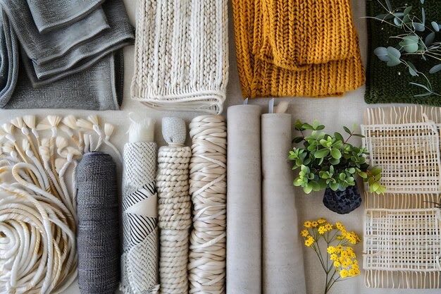 Flat lay of natural textures and materials for home decor interior design and DIY projects