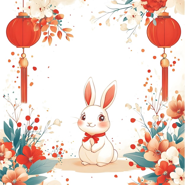 Flat Rabbit and Lantern Border Frame with Copy Space concept as A border frame with a rabbit and lan