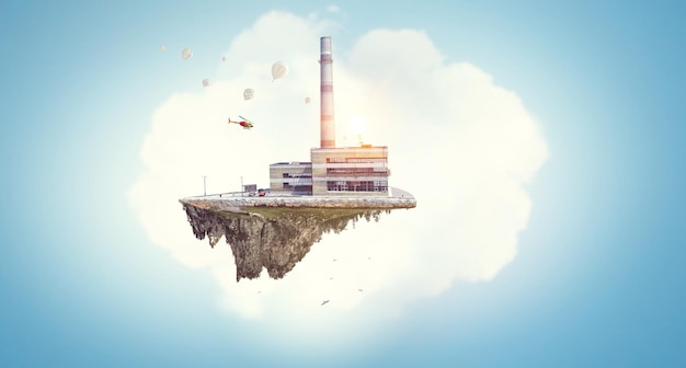 floating industrial landscape with chimneys tank. mixed media