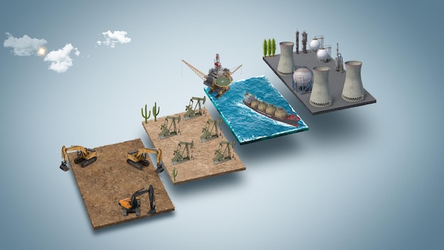 floating land with oil industry. fuel platform and tanker ship. isometric city map.
