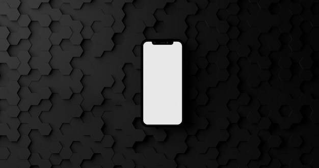 Floating phone with white blank screen with copy space to add your image,text or ad,over a hexagonal black background.Wireless technology 5G Technology.Internet invest and trade concept.3D rendering