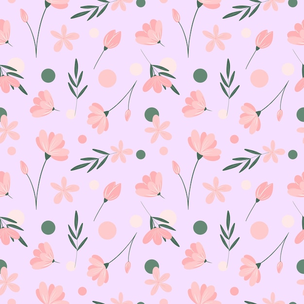 Floral seamless pattern on pastel pink background Pink flower green leaves circles repeat print