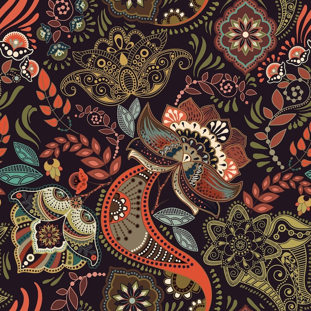 Floral vintage seamless pattern Retro plants style Paisley motif Colorful damask ornament