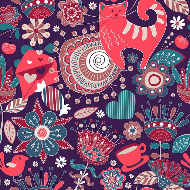 Flowers seamless pattern with decorative elements