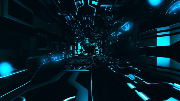 fly inside of futuristic metallic corridor 3d rendering
