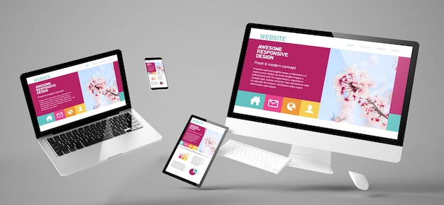 flying devices with awesome website responsive design 3d rendering