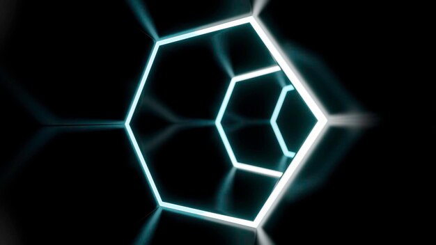 Flying inside dark virtual tunnel with neon hexagonal grid design bright neon grid of hexagons in