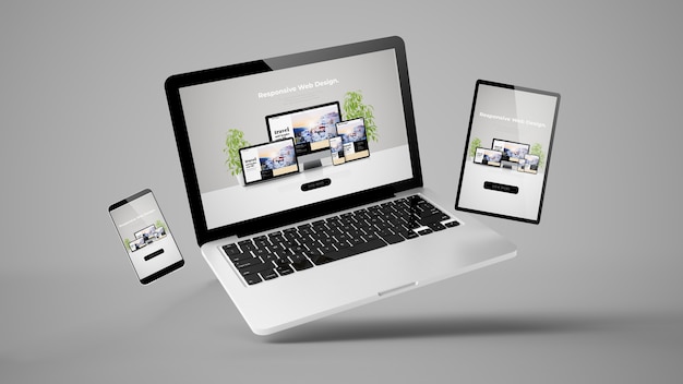 Flying laptop, mobile and tablet 3d rendering showing  responsive web design