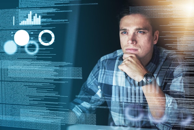 Focus hologram and man with programming digital software and cyber security with database research and charts Male person coder and programmer with data analysis holographic and innovation