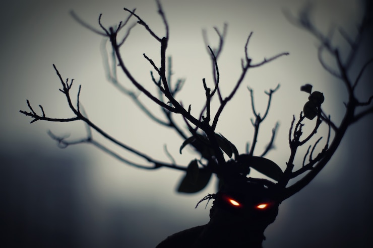 Bild forest demon. he has burning eyes and branchy horns.  insanely scary and creepy.