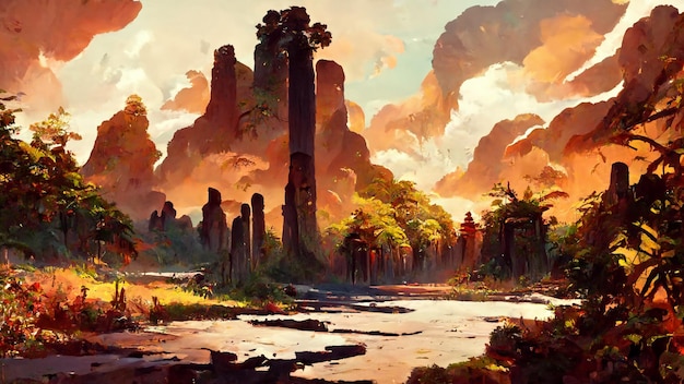 Forest Mayan style adventures scene 3D illustration