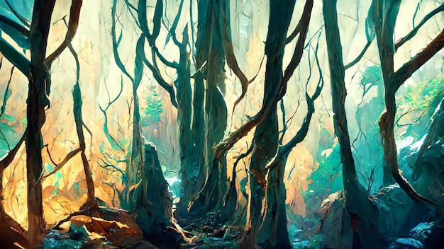 forest scene inside the cave 3d illustration