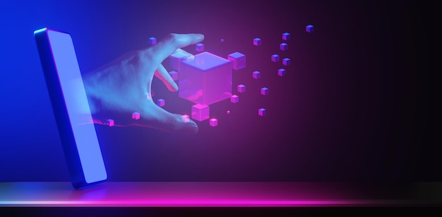 Forretningsmand hånd holder holografisk af metaverse netværk på sort baggrund metaverse internet social online teknologi digital cryptocurrency mønt