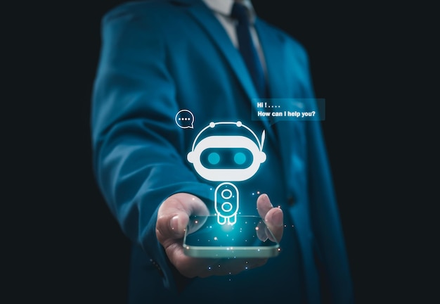 Forretningsmand holder hologram digital chatbot robot applikation samtaleassistent