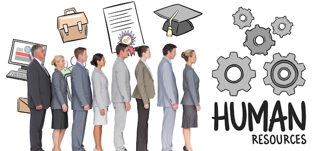 Forretningsteam, der står på række mod jobsøgning doodle