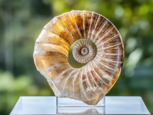 Fossilized mollusk shell spiralshaped displayed in a clear case