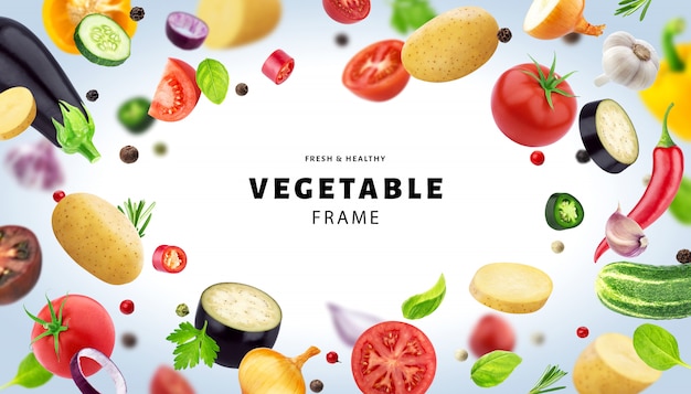 Frame made of different flying vegetables, herbs and spices, with copy space