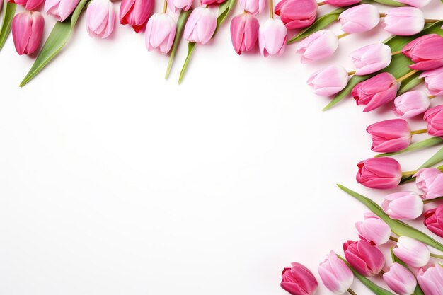 Frame of multicolored tulips on white background