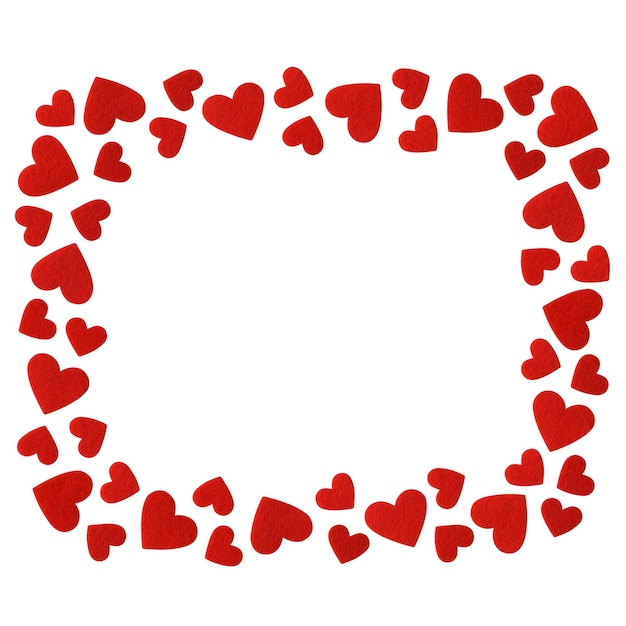 Frame of red felt hearts isolated on white background