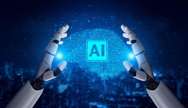 Framtida robot och cyborg med artificiell intelligens.