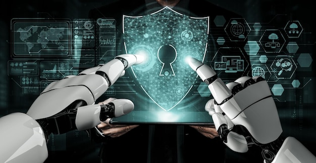 Fremtidens AI-robot og cyborg 3D-rendering