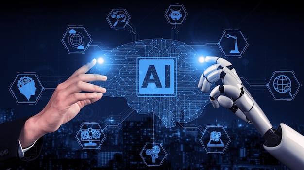 Fremtidens AI-robot og cyborg 3D-rendering