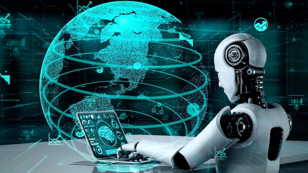 Fremtidens finansielle teknologi kontrolleres af AI-robot-hominoid, der bruger maskinlæring