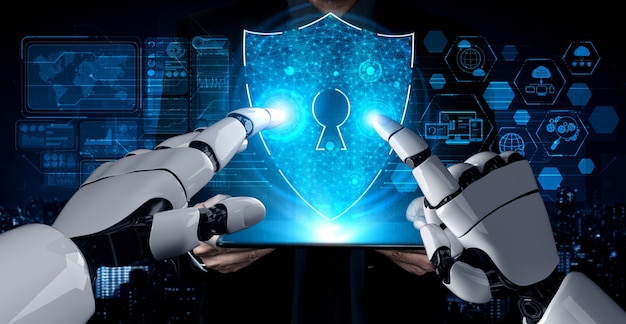 Fremtidens robot og cyborg med kunstig intelligens.