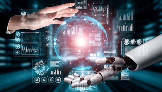 Fremtidens robot og cyborg med kunstig intelligens.