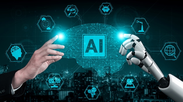 Fremtidens robot og cyborg med kunstig intelligens.