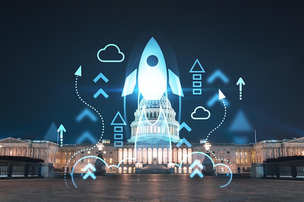 front view capitol dome building at night washington dc usa illuminated home of congress and capitol hill startup company launch project to seek and develop scalable business model hologram
