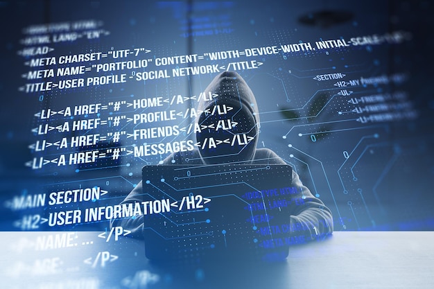 Front view of hacker using computers at desk with creative digital programming language on blurry background Software developer hacking malware and html concept Double exposure
