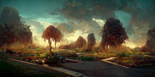 front yard landscape. digital illustration, watercolor, oil painting, portrait
