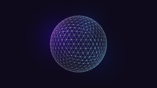 Fully visible digital mesh sphere on black background symbolizing global internet connectivity