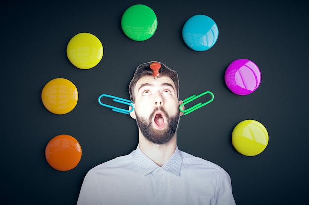 Funny surprised man with supplies