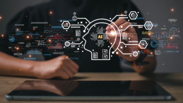 Future technology virtual screen interface Hand businessman holding screen interface AI Artificial Intelligence concept